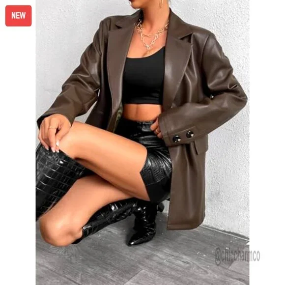 Faux Leather Blazer Jacket Moto Biker Coat Long Sleeves Button Slim Fit - Picture 5 of 6